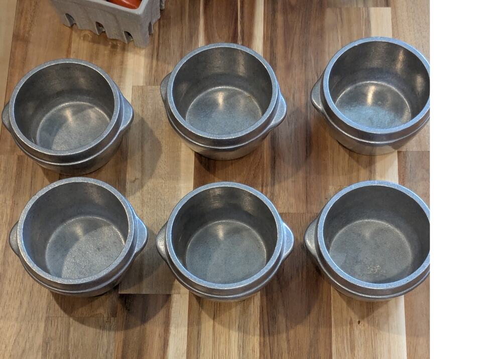 Vtg HA Winston & Co Metal French Onion Soup Bowls Set of 6 Tab Handle Pewter PA
